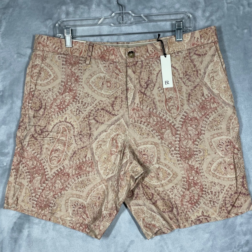 Banana Republic Mens 36 Linen Paisley Shorts Tan Burgundy 815374-00-1 NWT
